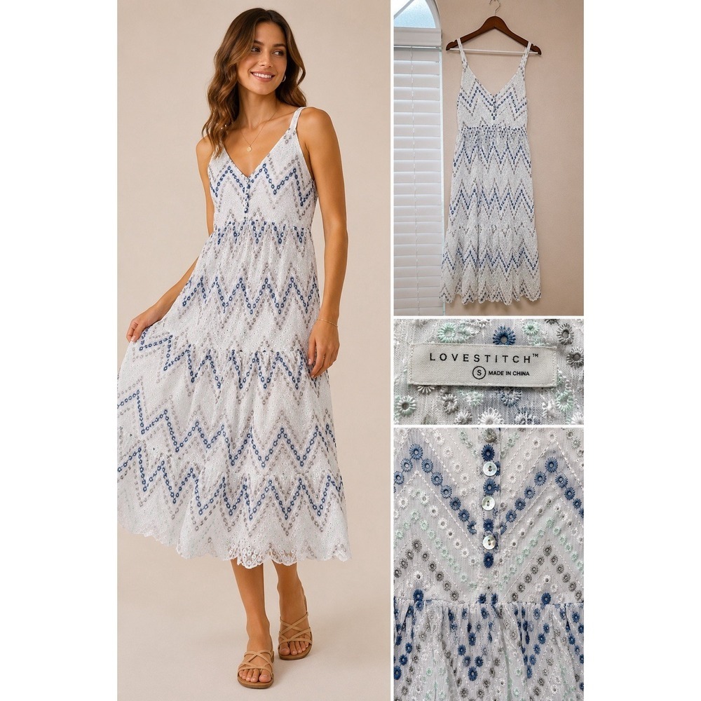Lovestitch White Blue Embroidered Eyelet Midi Sundress Sleeveless Size Small